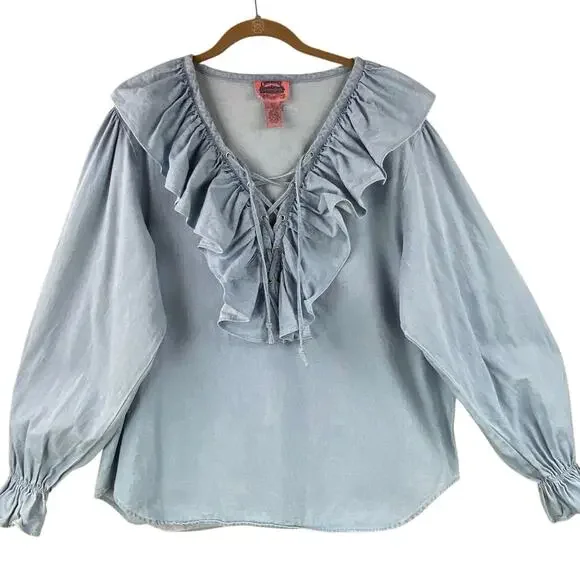 Vintage Chambray Poet Artist Blouse Size L Blue Southwest Western Country Drama - Picture 7 of 7